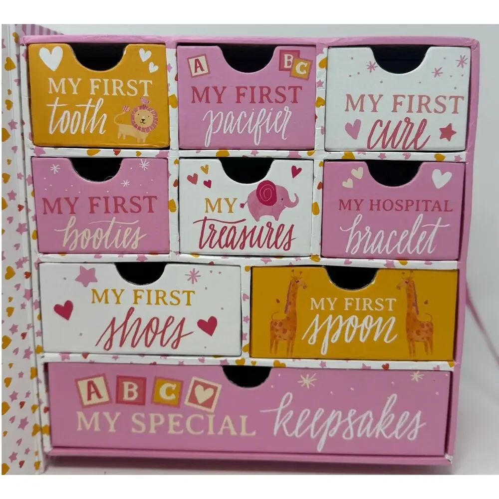 Baby Girl My First Keepsake Box‎ Orange Giraffe Pink Elephant Nine Compartments